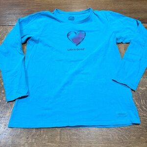 Life is good long sleeve shirt women’s large blue heart cotton